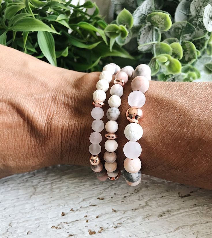 Ensemble de 3 bracelets en perles de jaspe zèbre rose, bracelets de perles en cristal de quartz rose pour femme, bracelet diffuseur, bracelets empilables – Etsy Canada